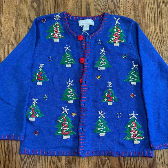 Lisa International Blue Red Christmas Tree Holiday Cardigan Sweater Size Small - Picture 1 of 11